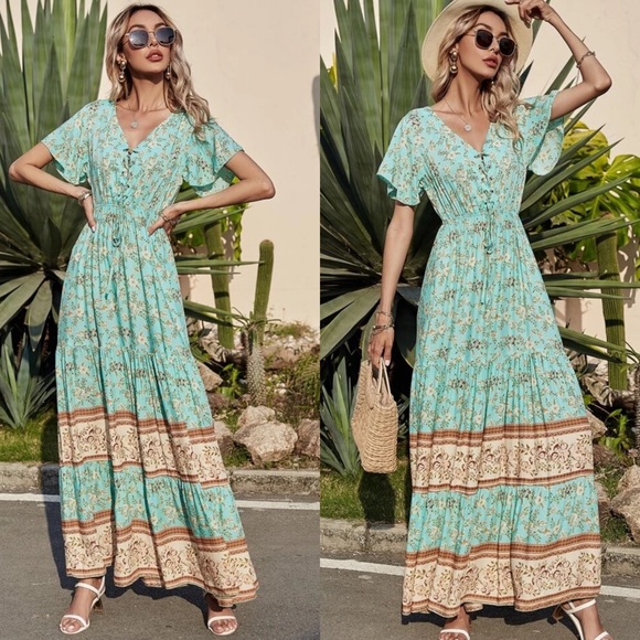 Boho floral print lace up ruffle hem maxi dress - Picture 3 of 3